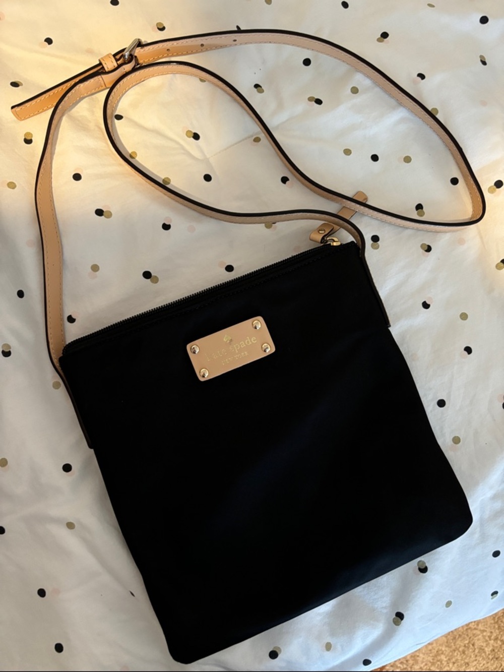 kate spade Black Crossbody with Tan Strap and Gold Plate